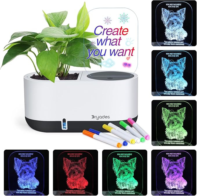 Self-Watering Plant Pot with LED Note Board & 7 Colors Pen, Led Acrylic Message Board with Plant Pot,Dog Board Night Light with Planting Pot for Room/Store/Office (No Plant&Seed)