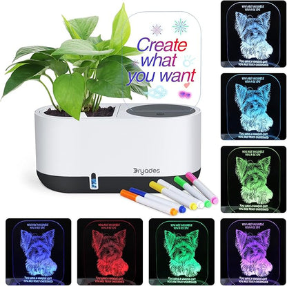 Self-Watering Plant Pot with LED Note Board & 7 Colors Pen, Led Acrylic Message Board with Plant Pot,Dog Board Night Light with Planting Pot for Room/Store/Office (No Plant&Seed)