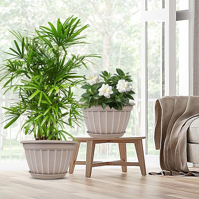 FGstyle 4 Pack 16 inch Plant Pots, Retro Vertical Stripe Planters with Drainage Holes and Saucer, Sturdy Plastic Garden Flower Pots for Indoor & Outdoor Plants(Beige)