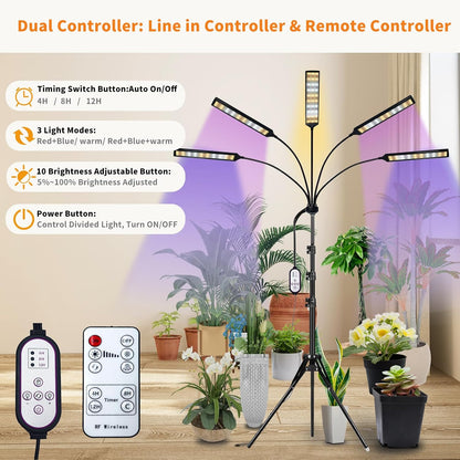 Grow Lights for Indoor Plants Full Spectrum, 5 Heads LED Plant Light with Auto On/Off Timer, 10-Level Dimming & Adjustable Stand for Houseplants, Home Gardeners