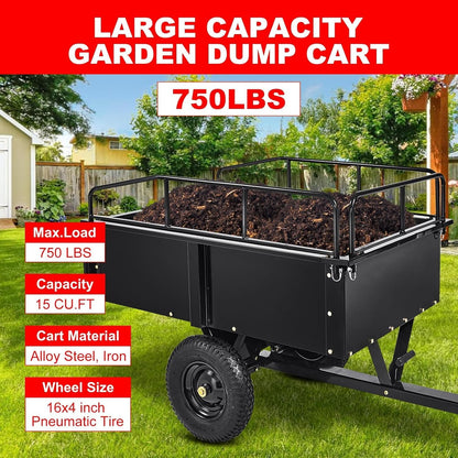 Heavy Duty Steel Dump Cart & Utility Trailer 750LB Capacity ATV/Lawn Tractor Hauler with Dual Dumping Modes (Manual/Foot Pedal), All-Terrain Tires & Dual Bearings for Garden, Farm, Firewood