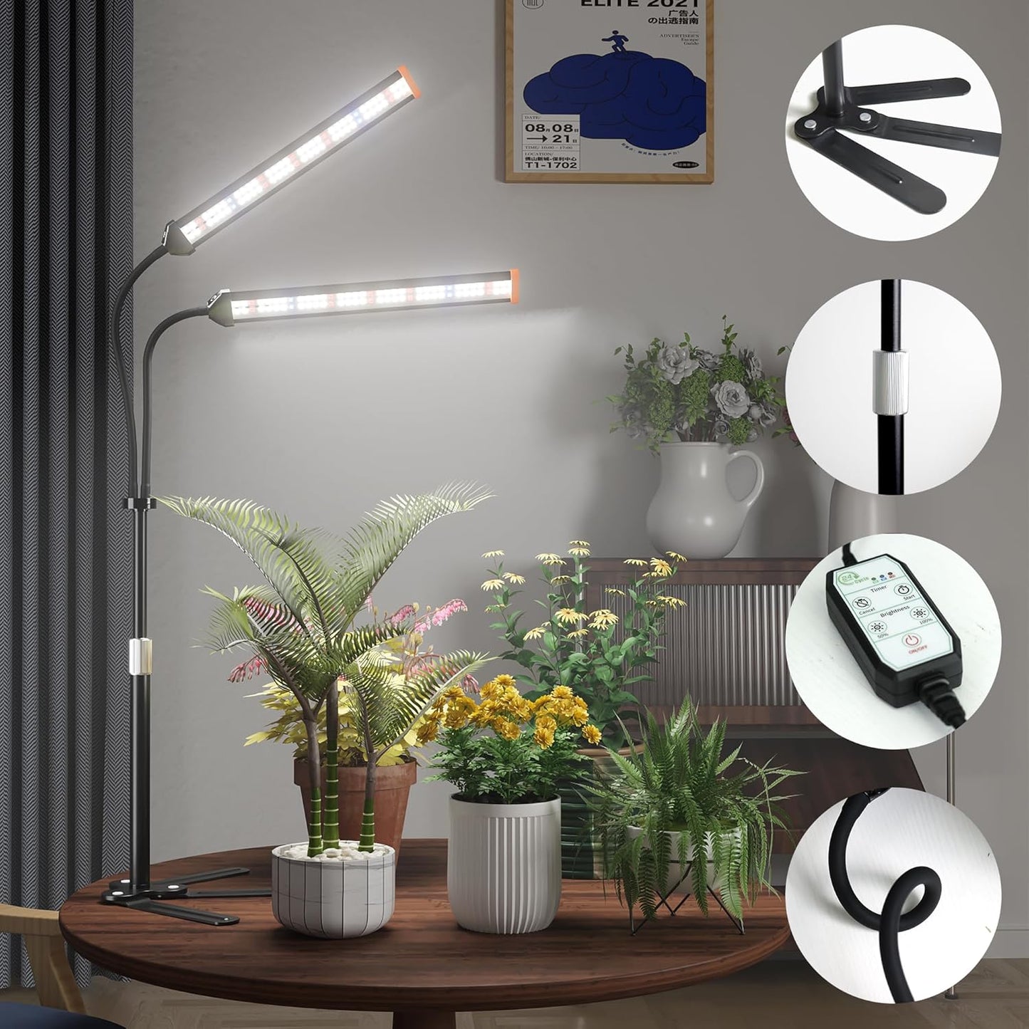 GooingTop Grow Light for Indoor Plants,5000K Full Spectrum Growing Plant Lamp with White Red Blue LED for Pots Succulents Seed Starting,Height Adjustable 10-32'' with Optional Dimming & Timer