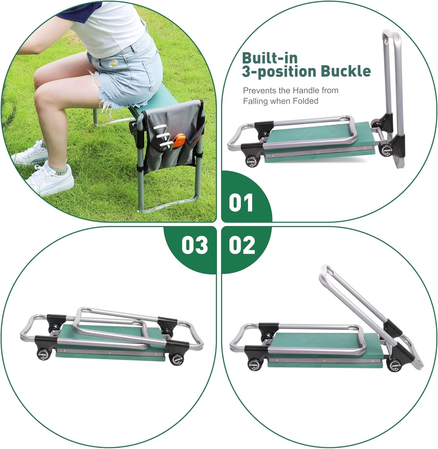 Try & DO Garden Kneeler and Seat with Smart Button-Press Design, Garden Stool with Soft EVA Kneeling Pad and Tool Bag, 2 in 1 Foldable and Lighrweight