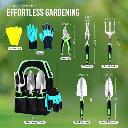 8 PCS Gardening Tools Set with Bag | Heavy-Duty Rust-Proof Hand Tools with Plastic Handles Includes 15 Plant Tags | Ideal Gift for Women, Men, Mom, Dad & Gardeners