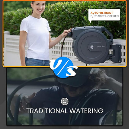 Giraffe Tools Retractable Garden Hose Reel 5/8 inch x 90 ft Hose Reels for Outside, Wall Mounted Water Hose Reel with 180 Deg Swivel Bracket, Any Length Lock, 9 Pattern Hose Nozzle