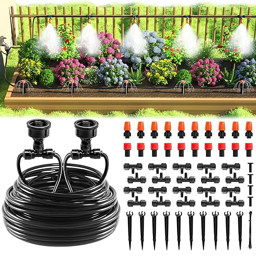 MIXC Drip Irrigation System, 50 FT Quick Connector Garden Watering System, Automatic Sprinkler Kit for Lawn Raised Bed Outdoor Plants Greenhouse with 1/4'' Tubing, Drip Emitters, Misting Nozzles