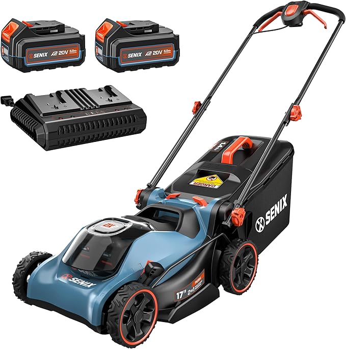 SENIX 40V 17" Electric Lawn Mower, Battery Powered Cordless Lawnmower, 2-in-1 Brushless Walk-Behind Push Mowers, 6 Heights Adjustment, cortadora de pasto, Includes 2x5Ah Batteries & Charger, LPPX2-M5