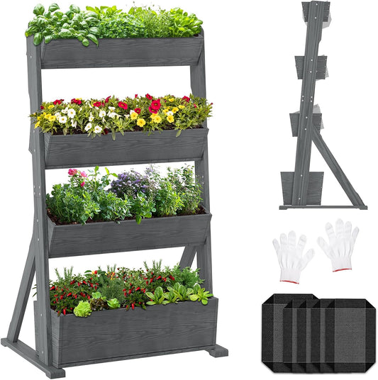 Wooden Vertical Raised Garden Bed, 4 Tier Garden Planters Raised Beds Freestanding Plant Stand Flower Rack Wooden Planter Box for Plants Herbs Flowers Vegetables Outdoor Indoor Gardening