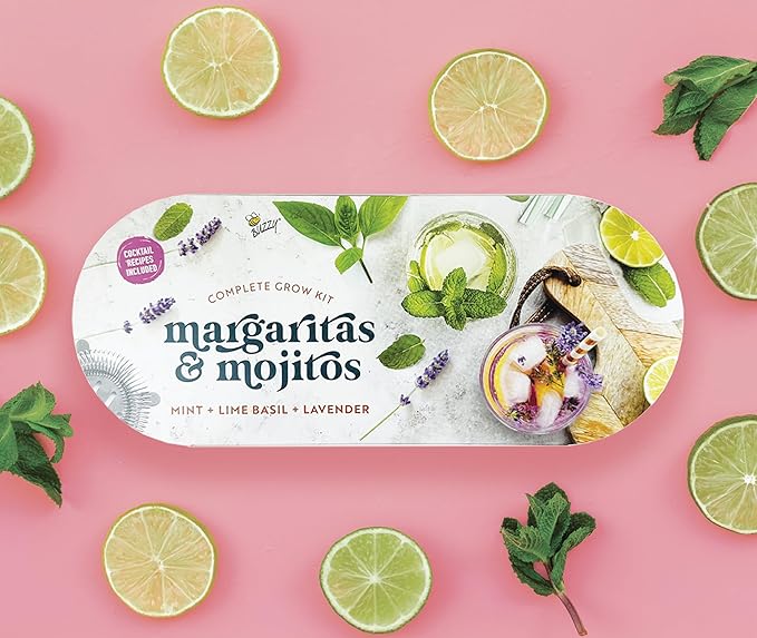BUZZY Seeds Margarita and Mojito Windowsill Mini Garden Grow Kit, Herb Starter Set with Mint, Lime Basil and Lavender Seeds, Grow Your Own Herbs Indoors, Gardening Gift, Holiday Present