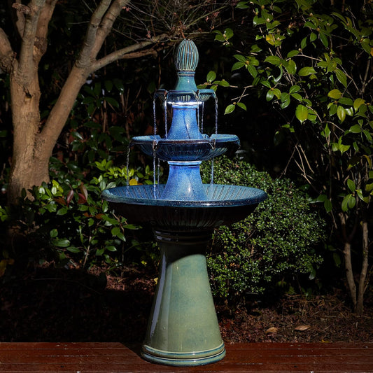 Glitzhome Outdoor Fountain 3 Tier Waterfalls, 45.25" H Ceramic Water Fountain with Pump & LED Light Oversized Indoor Outdoor Floor-Standing Fountains Garden for Patio Backyard Deck Lawn, Turquoise