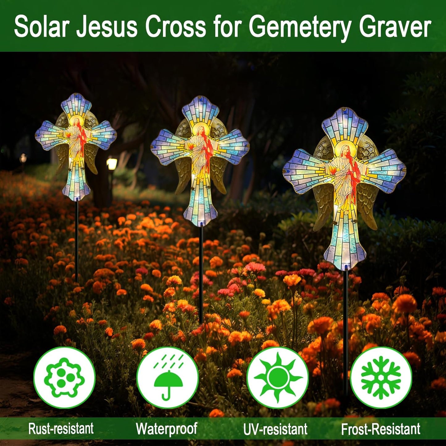 Solar Jesus Cross for Gemetery Graver,Golden Angel Wings,Grave Decorations for Cemetery,Sympathy Memorial Gifts,Christmas Yard Decor Outdoor