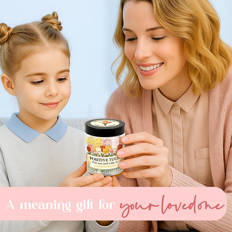 Positive Tulip Jar With 60 Affirmation Cards – Inspirational Gifts And Teacher Desk Decor, Tulips Flowers Themed Gifts For Women, Stress Relief And Daily Positivity, Staff Appreciation Gifts