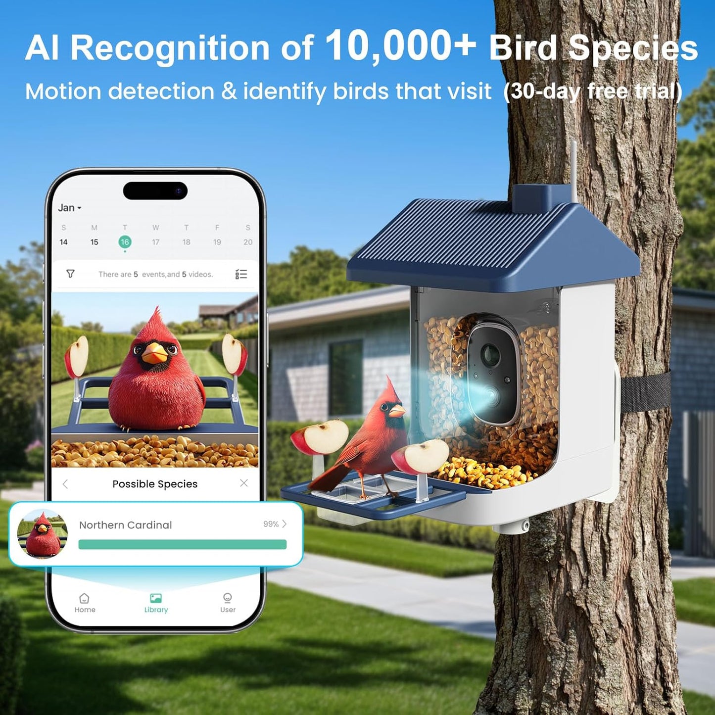 Smart Bird Feeder with Camera, Solar Powered Bird Feeders for Outdoors, 1.8L 2K AI Identify 10,000+ Birds Species, Birds Feeder Camera IP65 Instant Notification, Ideal Gift for Avian Lovers