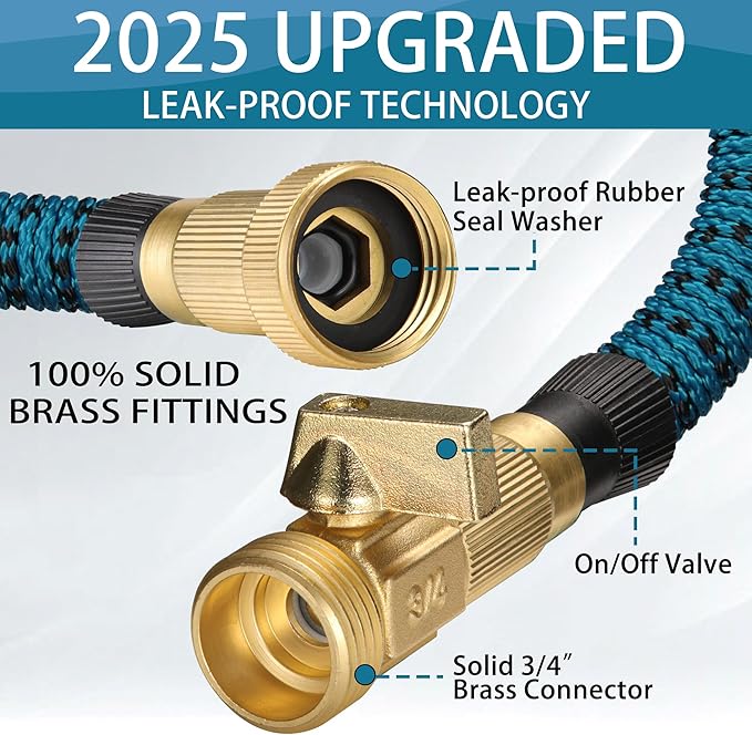 200 ft Expandable Garden Hose - Water Hose w/10 Function Spray Nozzle, Lightweight, No-Kink Flexible Hose with 3/4" Brass Fittings and 4-Layer Latex Core, 200ft Retractable Stretch Hose (Blue Black)