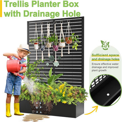 FENCY Metal Raised Garden Bed with Trellis, Metal Planter Box with Trellis, Garden Box for Climbing Plants Vegetable, 47" Lx16 Wx71 H Garden Bed with Drainage Holes(Black-Louvered)
