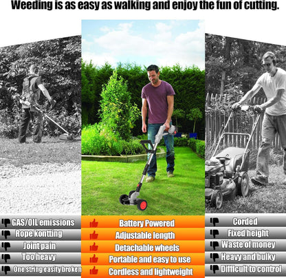 Electric Weed Wacker Cordless Eater Battery Powered Eater Lightweight Edger Portable Stringless Grass Trimmer/Lawn Mower/Brush Cutter, with 3 Types Blades & Wheels for Yard and Garden-Grey