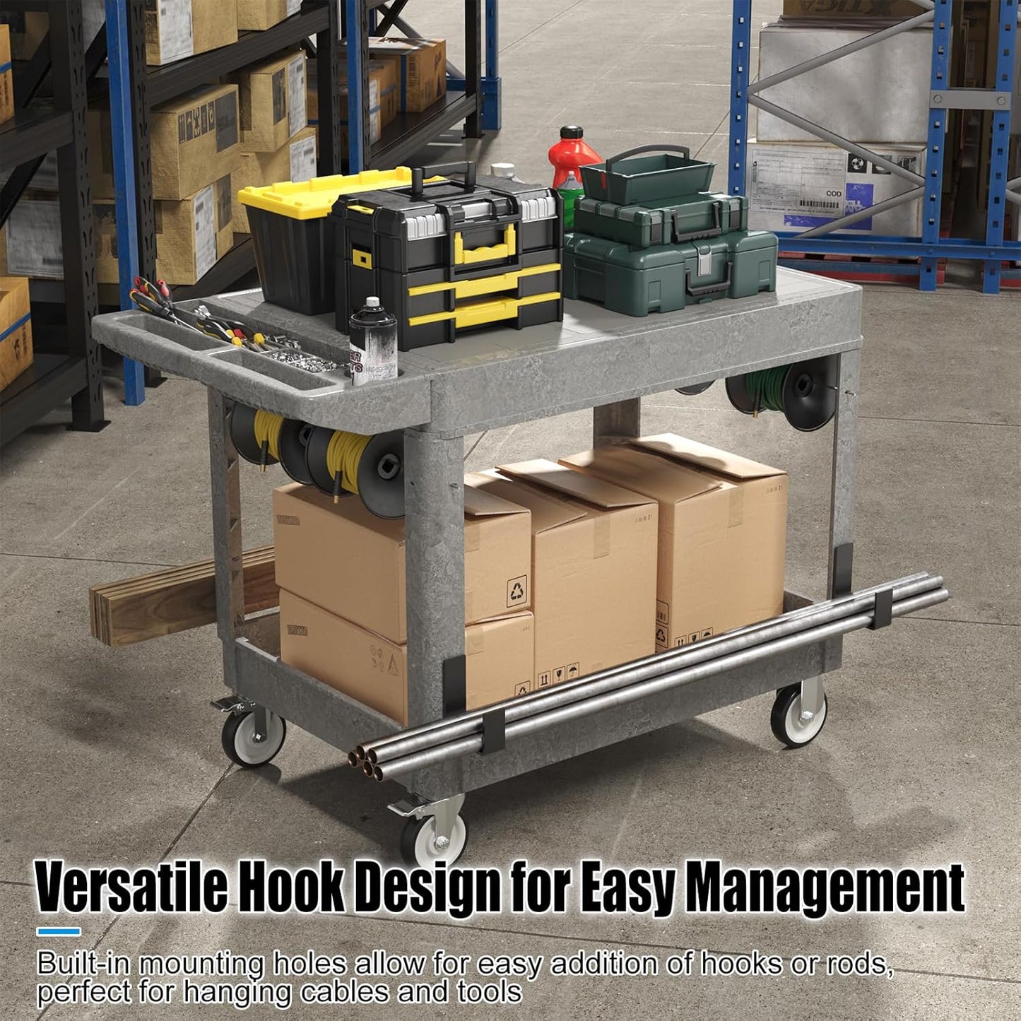 Large Garage Flat Top Utility Cart, Heavy Duty 2 Shelf Tool Cart Service Cart Rolling Push Carts with Ergonomic Handle 5" Swivel Casters.