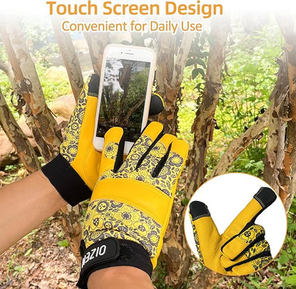 Cowhide Leather Thorn Proof & Puncture Resistant Gardening Gloves for Women and Men, Touchscreen Compatible Working Gloves for Weeding, Digging, Planting, Gardening Gifts for Women (Size Medium)