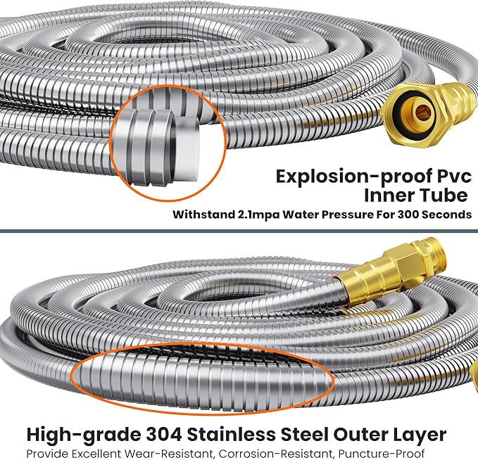 Girafe Tools Garden Hose 25ft x 5/8", 304 Stainless Steel Metal Water Hose, No Kink Garden Water Hose with 9 Pattern Spray Nozzle, Flexible, Lightweight, Kink Free Hose for Yard, Outdoor