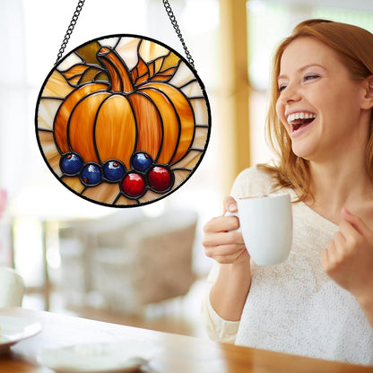Stained Glass Window Hanging Fall Pumpkin Berries 7.8" - Suncatcher Door Garden Kitchen Sunroom Sun Catcher Autumn Home Decor Birthday for Mom Grandma Men Woman