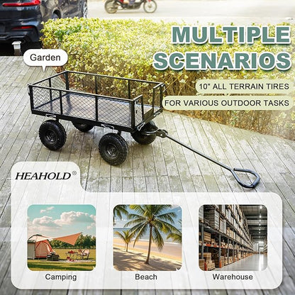 Heavy Duty 900 LBS Capacity All-Terrain Steel Utility Cart - 10" Solid 3.5-4" Wheels & Tires with 180° Swivel Handle | Removable Side Panels & Laser-Welded Frame Multi-Surface Garden Wagon