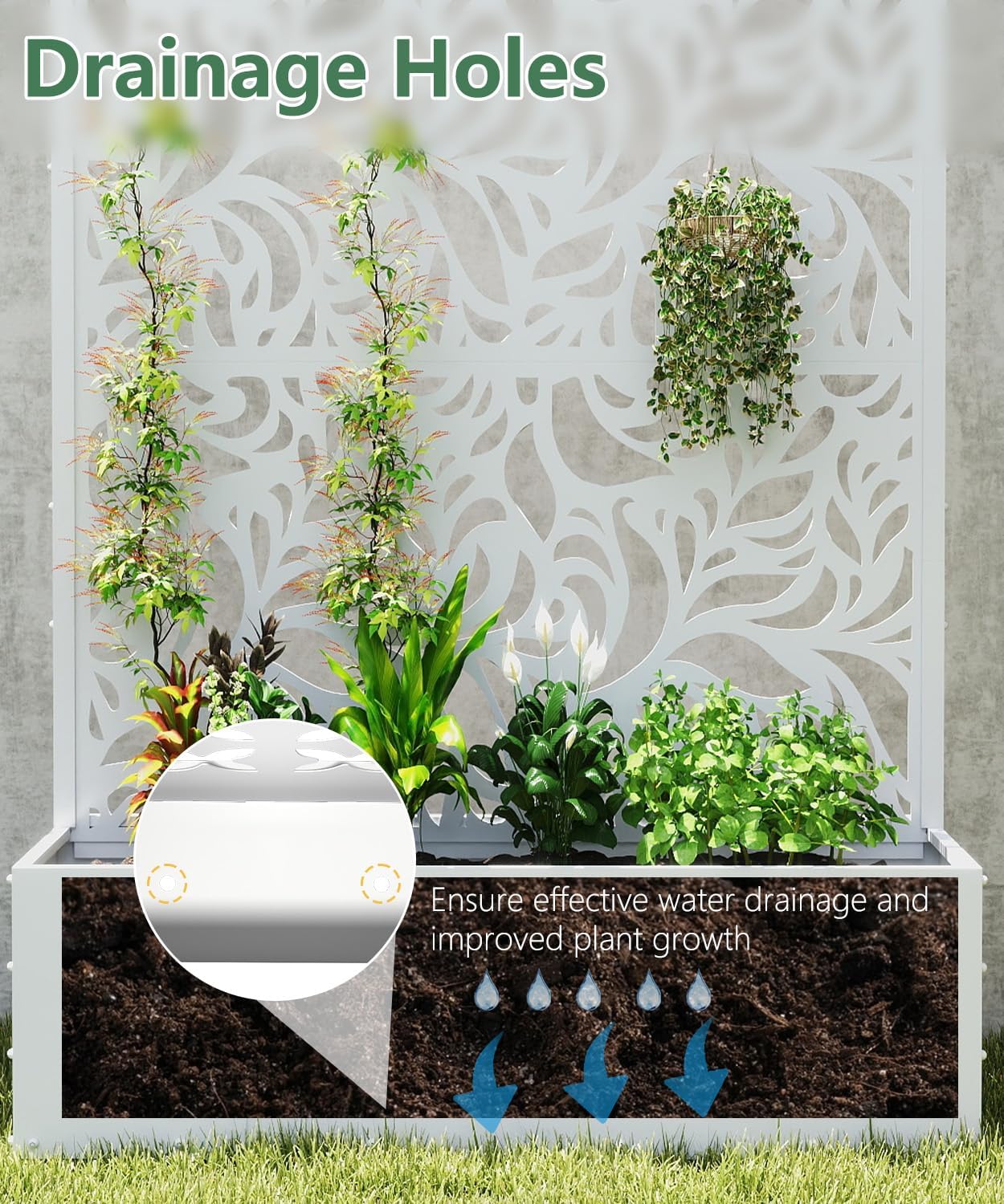 2PCS Metal Planter Box with Trellis,70.9"x47.2"x15.7" Raised Garden Bed with Drainage Holes, Privacy Planters for Outdoor Garden Bed for Climbing Plants,Vegetables,and Vines, White-Flower