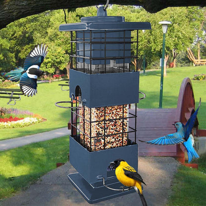 Squirrel Proof Bird Feeder, Metal Bird Feeders for Outdoors, 3 Lbs Birdfeeder Outside Hanging, Weight Activated Spring, 4 Feeding Ports, Cardinals, Finches & Sparrows, Wild Birds, Blue