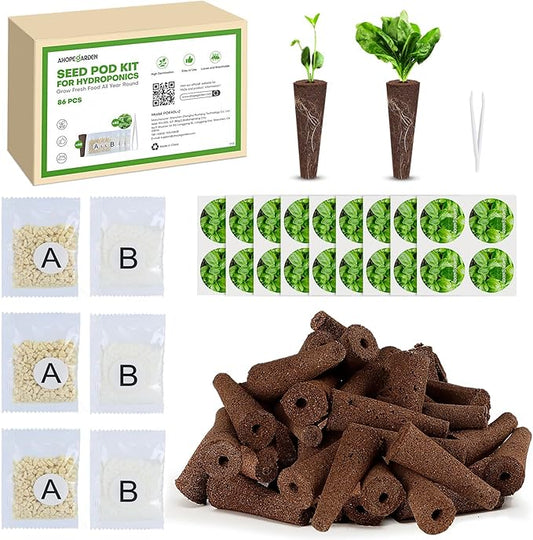 Ahopegarden 86PCS Hydroponic Pods Kit: Compatible with Aerogarden, iDOO, Most Brand Hydroponics Growing System, Indoor herb Garden Supplies Includes Grow Sponges, Labels, A&B Plant Food, Tweezer