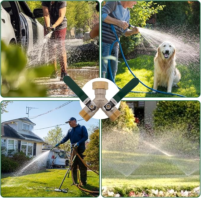 Brass Garden Hose Splitter 2 Way Heavy Duty Adapter, Y Splitter with Shutoff Valve Outdoor Faucet Splitter, 3/4 Inch GHT Thread Connection and Extended Handle Double Hose Bib Splitter