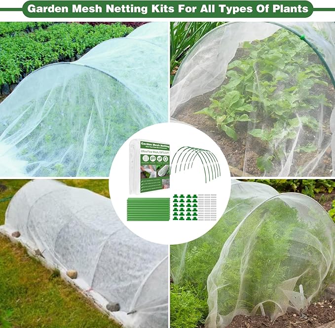 Garden Mesh Netting Kit, 10x33FT Ultra Fine Mesh Netting with 6 Sets Fiberglass Garden Hoops & 24 Clips for Raised Beds Vegetable Flowers Protection Barrier Plant Covers Net