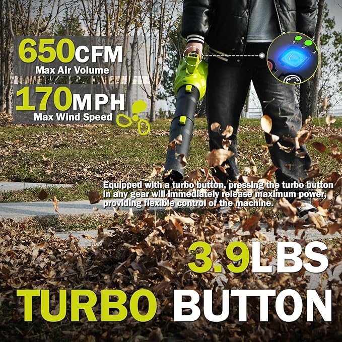 Leaf Blower Cordless,2 x 21V 6.0Ah Battery and Charger, 650CFM Electric Cordless Leaf Blower, 3-Variable Speed & Turbo Mode, Blowers for Lawn Care