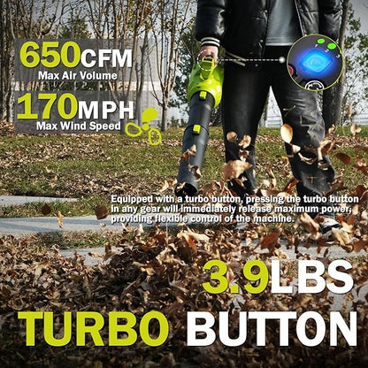 Leaf Blower Cordless,2 x 21V 6.0Ah Battery and Charger, 650CFM Electric Cordless Leaf Blower, 3-Variable Speed & Turbo Mode, Blowers for Lawn Care