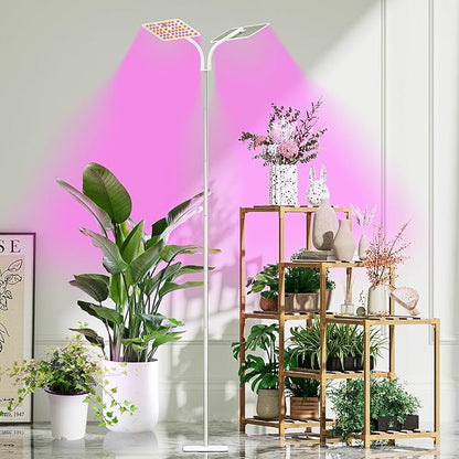 KINGPLUS Grow Lights with Base, Double Head, Full Spectrum LED Grow Light for Indoor Plants, 240 Leds, 4 Dimmable Levels, Timer 4/8/12h, 12-60inches Height Adjustable, 36w, Ideal for Desk Small Plants