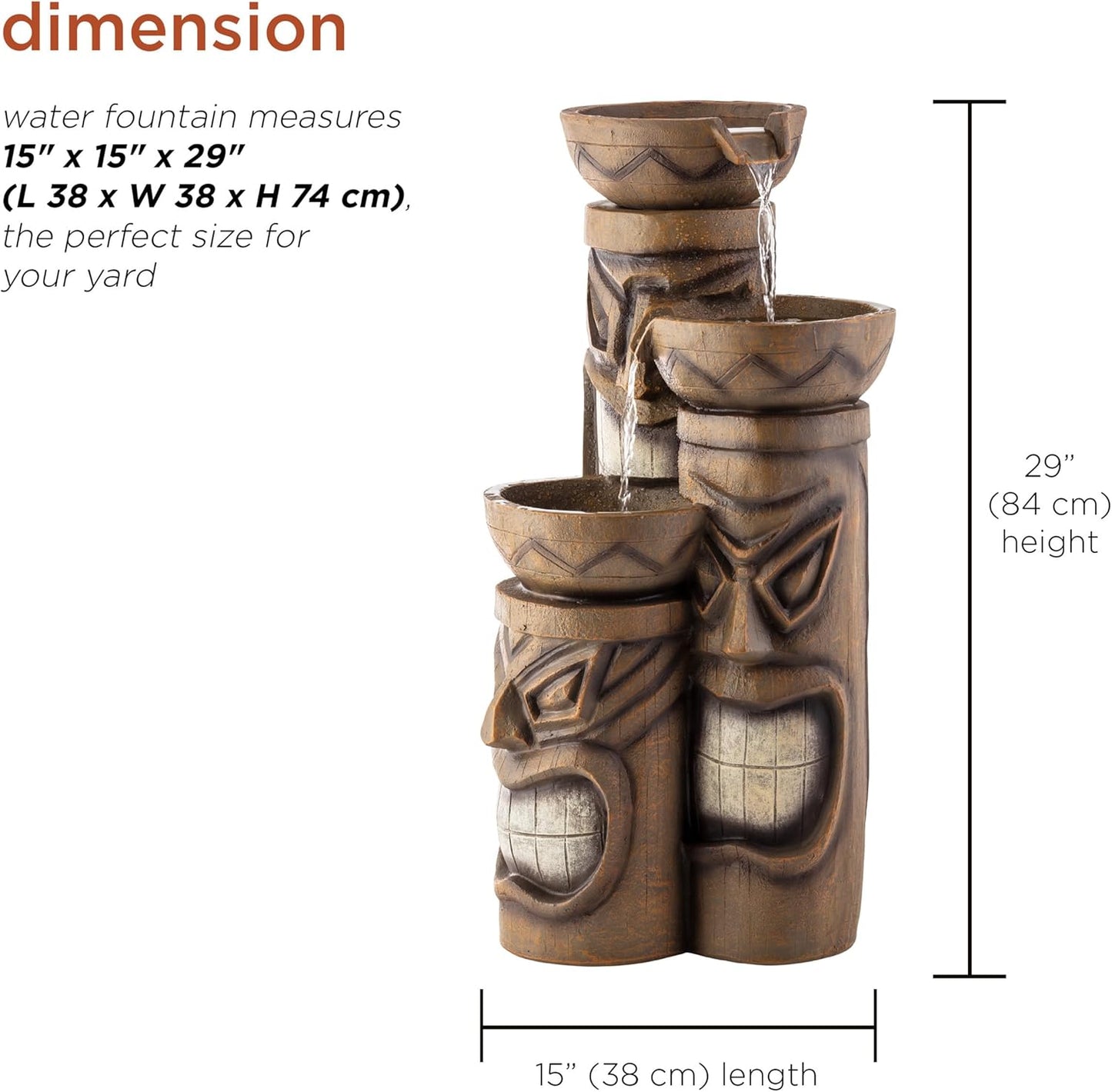 Alpine Corporation GIL838 Outdoor Floor 3-Tiered Soothing Polynesian Tiki Head Bowl Waterfall Fountain, 29", Brown