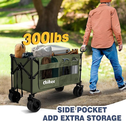 Chihee Garden Cart Collapsible Outdoor Utility Wagon Cart,Folding Beach Cart Oversized Capacity 254L,Heavy Duty Portable Wagon All Terrain Wheels Oversized Side Pocket 2 Drink Holders for Camping