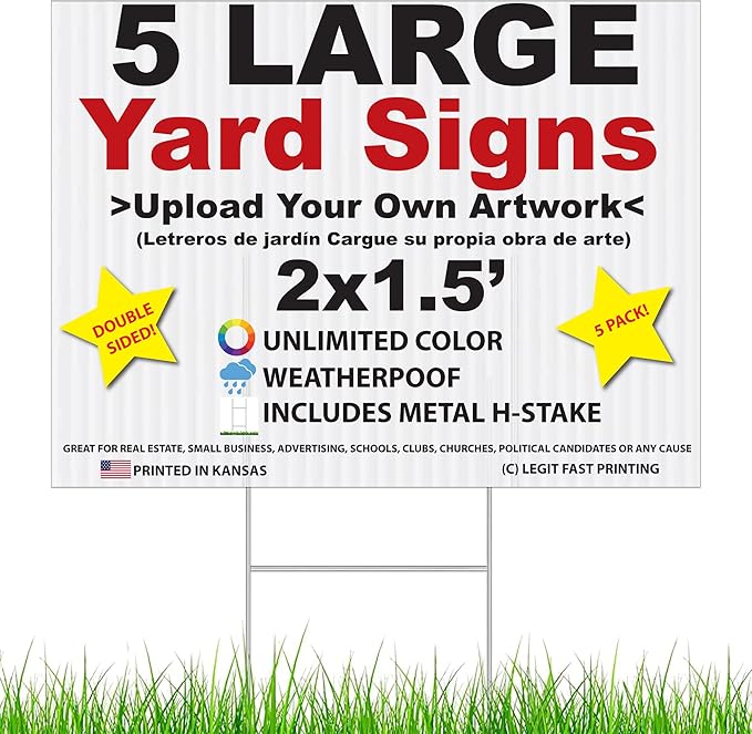 Personalized 18x24" Yard Signs, Double Sided Printing, Metal Stake Included, by Legit Fast Printing (5pk)