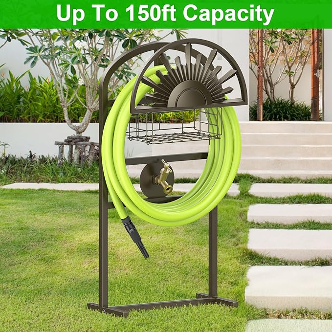 GOFORWILD Garden Hose Holder with Brass Faucet, Freestanding Water Hose Stand with Storage Basket, Detachable Heavy Duty Hose Reel Hanger Holds 150-Feet Hose for Outside Patio Yard Lawn