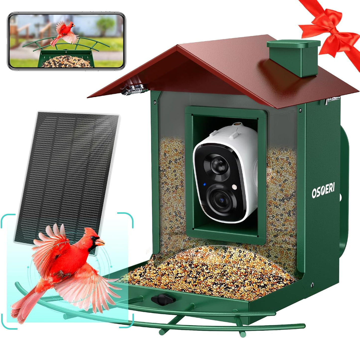 Osoeri Bird Feeder with Camera, Camera Bird Feeder for Outside, Solar-Powered, Smart AI Identify Birds, Auto Capture Video & Instant Arrival Alert, Ideal Gift for Family and Birdlover