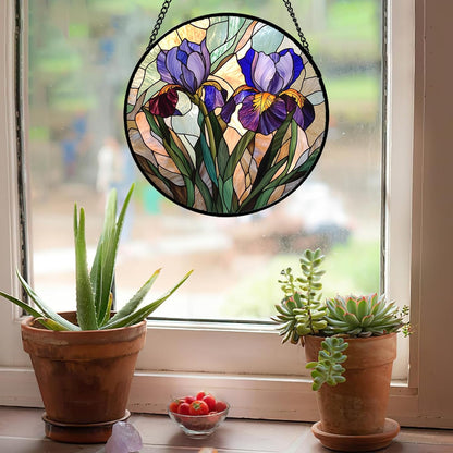 Stained Glass Window Hanging, Purple Blue Iris Birth Flower Suncatcher for Doors Garden Yard Sun Catchers Decor Christmas Mother's Day Birthday Gifts for Teacher Women Mom Nana Wife 6.3 in