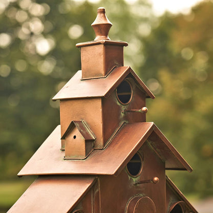 Large Copper Colored Multi-Birdhouse Stakes, Room for 4 Bird Families in Each (Church Style with Cascading Roof)