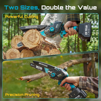 Mini Chainsaw Cordless Battery Powered: 8 inch & 6 inch Electric Chain Saw with 2 Pack 4000mA Batteries, Handheld Saw for Trees Branches Trimming Wood Cutting, Gardening Tools for Dad Husband Men
