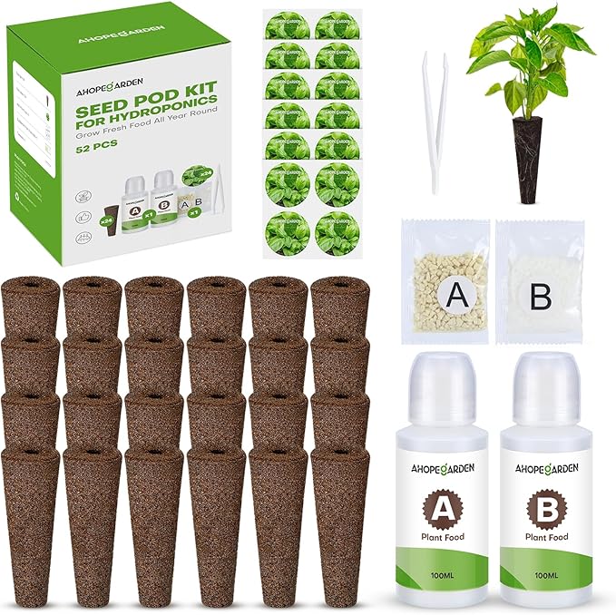 Ahopegarden 52PCS Hydroponics Pods Kit: Compatible with Aerogarden, Includes 24 Grow Sponges, 24 Pods Labels, 4 A&B Plant Food - Hydroponics Supplies for Most Brands
