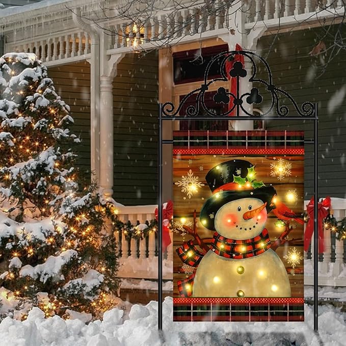 Lighted Christmas Garden Flag for Outside, Led Snowman Garden Flag Decor, Winter Yard Flag 12x18 Double Sided for Outdoor Yard Porch Lawn Decoration