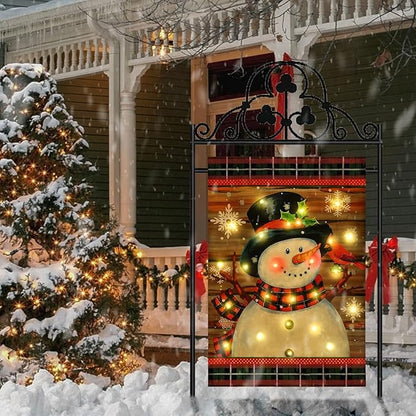 Lighted Christmas Garden Flag for Outside, Led Snowman Garden Flag Decor, Winter Yard Flag 12x18 Double Sided for Outdoor Yard Porch Lawn Decoration