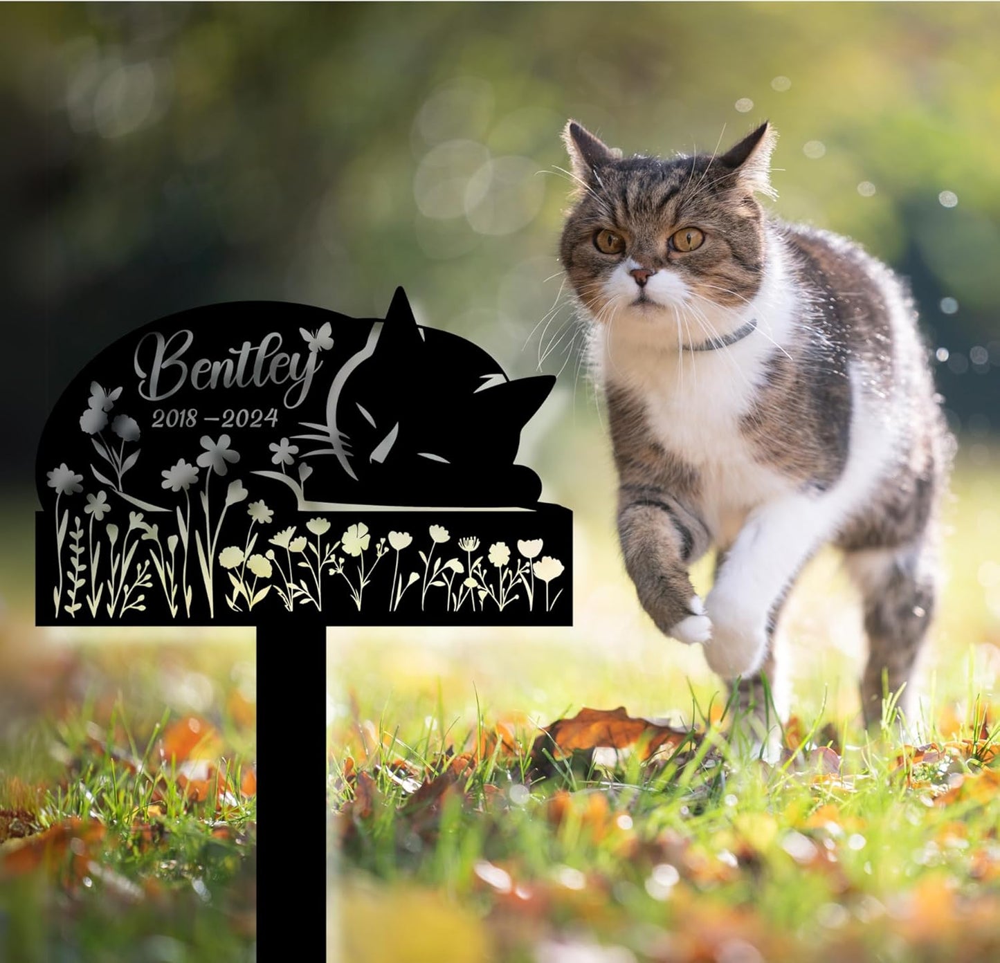 Sleeping Cat Grave Markers Outdoor, Weatherproof Metal Pet Headstone with Name & Date, Outdoor Grave Marker for Cats – Variety of Sizes & Finishes