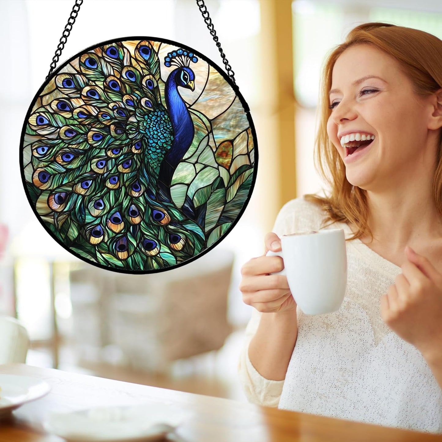Stained Glass Window Hanging, Blue Green Peacock Decor Suncatcher for Door Garden Home Decoration Bird Sun Catchers Christmas Mother's Day Birthday Gifts for Women Men Mom Nana Friend 11.8 in