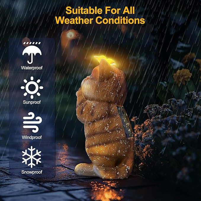 Solar Garden Decor Outdoor Statues Cat - Lawn Decor Statue for Patio, Balcony, Yard Ornament - Unique Gifts for Housewarming, Birthday, Christmas (Yellow)