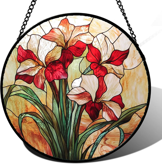 Stained Glass Window Hanging - Red Gladiolus Flower Suncatcher for Door Yard Sun Catchers Decor Christmas Mother's Day Birthday Gifts for Lovers Women Mom Nana Girlfriend Wife 7.8 in