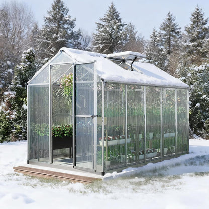 Aoodor 6 x 10 Ft Walk-in Greenhouse with Gutter, Polycarbonate and Heavy-Duty Aluminum Frame, Adjustment Skylight and Lockable 2-Sided Door for Patio, Outdoor, Yard, Lawn Use, Silver
