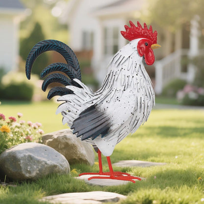 Rooster Garden Statue Sculpture Metal Chicken Yard Decor Outdoor Figurines Patio Backyard Decoration (White)